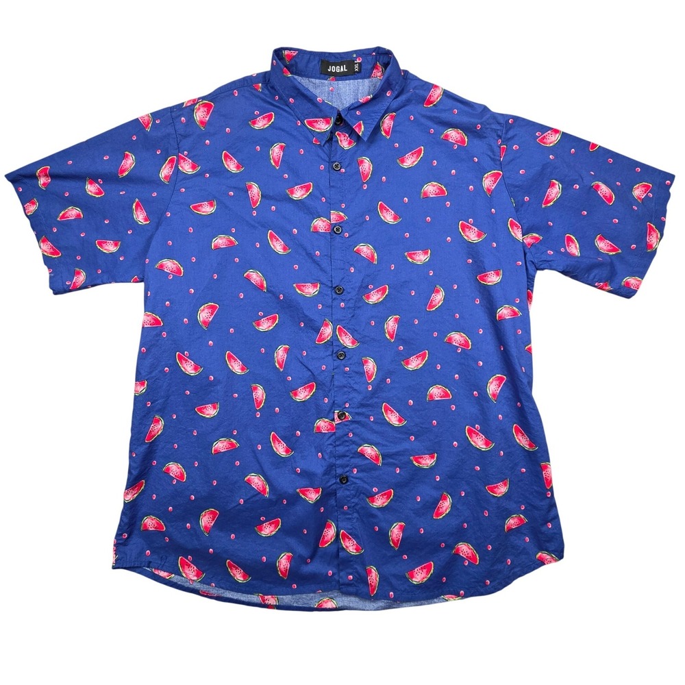Watermelon Print Short Sleeve Button Down Hawaiian Shirt Blue JOGAL Mens XXL